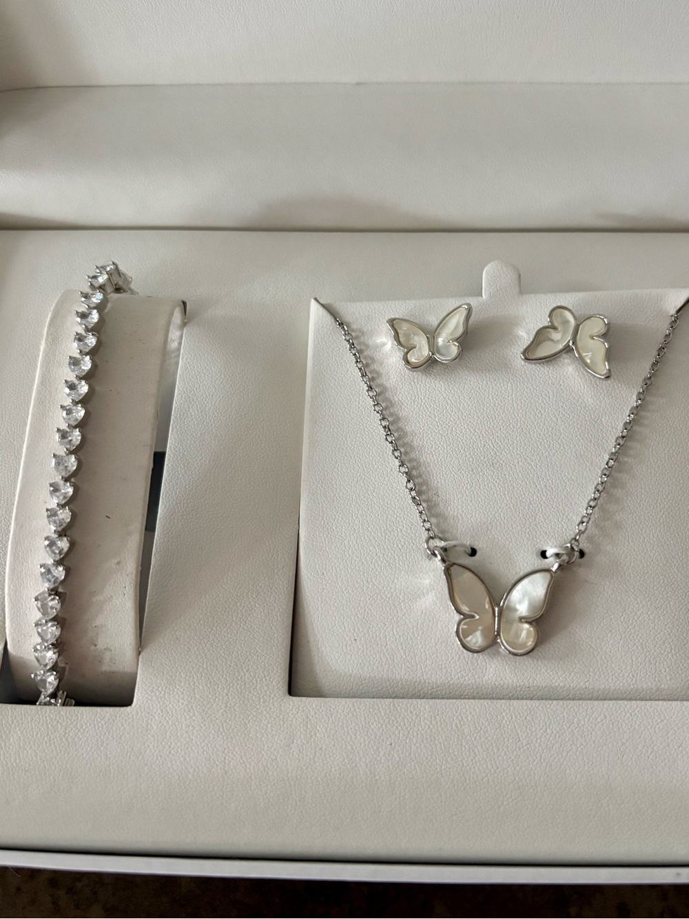 Silver Butterfly Necklace and Earring Set in White Mother-of-Pearl